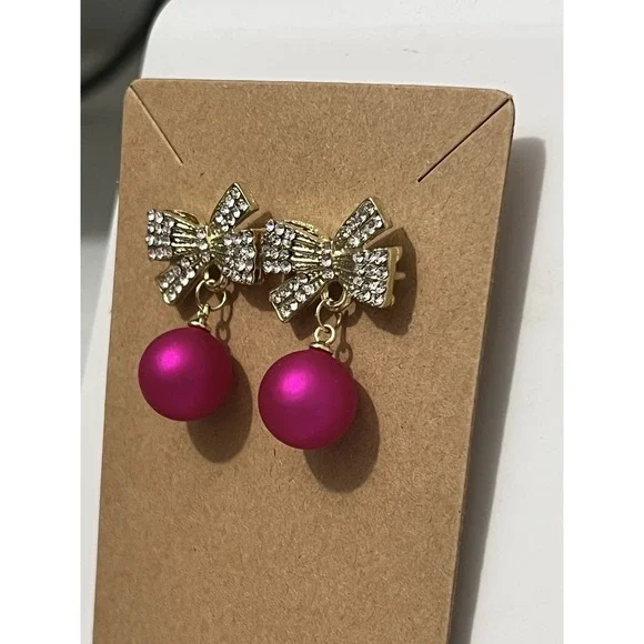 NWOT Dangle Earrings Rhinestone Bows Gold Accent With Hot Pink Ball Stud - Picture 4 of 7